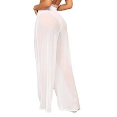 White Sheer Mesh Wide Leg Pants White High Waist Harem Pants For Vacation, White Stretch High Waist Harem Pants, White Full Length Wide Leg Pants For Beach, White High-waisted Parachute Pants With Elastic Waistband, White Stretch Parachute Pants, White Full Length Parachute Pants For Summer, White High Waist Pants With Elastic Waistband, White Full-length Parachute Pants For Summer, White High-waisted Beach Pants