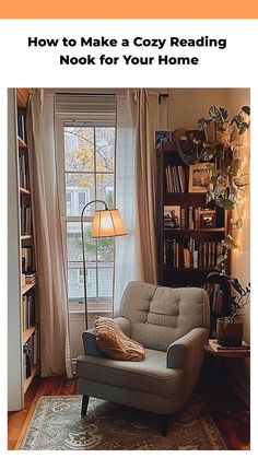 a living room filled with furniture and bookshelves next to a window that reads how to make a cozy reading nook for your home