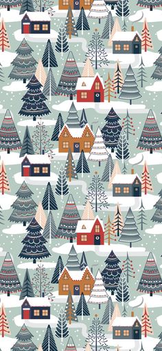 a pattern with houses and trees in the snow