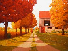 an oil painting of a country road with trees on either side and a barn in the distance