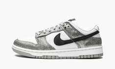 The Women’s Nike Dunk Low “Golden Gals” is a women’s-exclusive version of the retro basketball shoe in a colorway with Metallic Silver leather overlays.  A December 2021 release, the “Golden Gals” channels a decidedly luxurious vibe with its shiny, cracked leather overlays in Metallic Silver.  The panels are contrasted by a white knitted, micro-mesh base and black suede Swoosh.  Black “Nike” branding is embroidered on the heel and white “Nike” and Swoosh detailing arrives on the black nylon tong Nike Dunk Low Golden Gals, Womens Dunk Low, Wmns Dunk Low, Sneakers Box, Kobe Shoes, Retro Basketball Shoes, Air Jordan Sneakers, Air Jordan 1 Retro High Og, Nike Brand