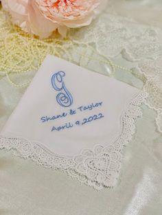 "Monogrammed Wedding Handkerchief, Bridal Hankie, Embroidered Wedding Handkerchief, Lace Wedding Hankies, Gift for Bride, Bridal shower gift Whether you are the Bride/Groom, Mother or Father of Bride/Groom, Best friend or the mate of honor, or a member of the family. This lace monogrammed wedding handkerchief will make the perfect and memorable gift for long time to go.  Material :  - 100% Cotton - Approx. 11\" x 11\" - Color : White - Thread color : 19-Powder blue Please feel free to contact me White Wedding Handkerchiefs With Custom Embroidery, White Handkerchiefs With Custom Embroidery For Wedding, Traditional Wedding Handkerchiefs With Embroidered Border, Elegant Monogrammed Handkerchiefs For Weddings, Elegant Monogram Handkerchiefs For Wedding, Wedding Handkerchiefs With Machine Embroidery, Classic White Wedding Handkerchiefs, Elegant Wedding Handkerchiefs With Embroidered Border, White Wedding Handkerchiefs