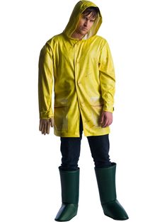 a man in a yellow raincoat and rubber boots