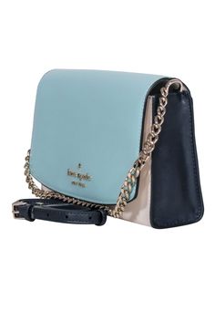 Get ready to make a splash with the Carson Crossbody in Kate Spade's stunning poolside blue! This playfully polished bag is crafted from fine Saffiano leather in a fun colorblocked design. Complete with a gold-tone pinmount logo and chain accents for just a touch of edge, this cool crossbody is a stylish must-have. Saffiano Leather Metal pinmount logo Flap w/ snap closure Interior back slip pocket Exterior back slip pocket Chain-link handle Adjustable shoulder strap Logo Jacquard Lining Height 6 Blue Saffiano Leather Bag For Everyday Use, Blue Saffiano Leather Evening Bag, Blue Saffiano Leather Travel Bag, Chic Blue Saffiano Leather Bag, Blue Saffiano Leather Bag With Detachable Strap, Blue Saffiano Leather Rectangular Bag, Trendy Blue Kate Spade Bag, Kate Spade Blue Shoulder Bag For Daily Use, Luxury Blue Kate Spade Bags