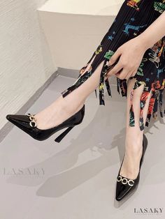 Lasaky - Womens High Heel Pumps with Chain Detail - Elegant Black Dress Shoes Elegant Chain Heels For Spring, Elegant Heels With Gold Chain For Party, Elegant Chain Heels For Party, Elegant Party Heels With Chain Print, Elegant Formal Heels With Gold Chain, Elegant High Heels With Chain Print, Elegant Evening Heels With Chain Print, Elegant Chain Print Heels For Evening, Black Heels With Gold Chain For Party