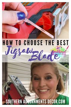 a woman holding a pair of scissors in front of a house with the words how to choose the best jigsaw blade