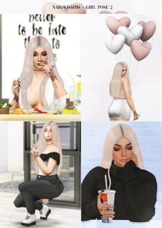 four different images of a woman with long hair and white wig holding a drink in her hand