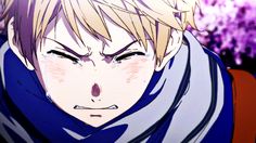 an anime character with blonde hair and blue eyes wearing a scarf around his neck, staring at the camera