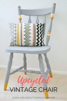 an upcycled vintage chair with colorful pillows on it and text overlaying the image