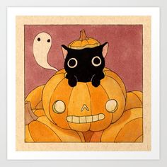 a black cat sitting on top of a pumpkin with a ghost in the background metal print