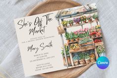 an image of a plant sale flyer on a wooden platter with flowers and plants