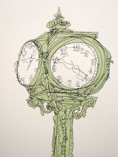 a drawing of a green clock with roman numerals on it's sides