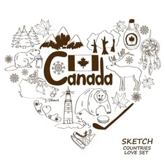 the word canada surrounded by icons and symbols in the shape of a heart with an image of