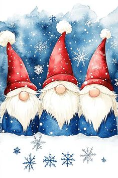 two gnomes are standing in the snow wearing red hats and blue coats with snowflakes behind them