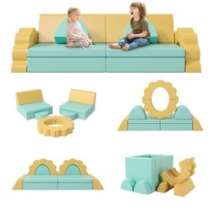 two children sitting on couches with different shapes and sizes, one child is looking at the other