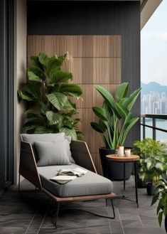 a balcony with plants and chairs on it