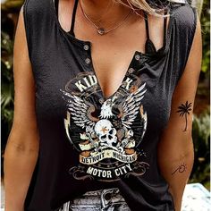 Kid Rock Woman’s Kid Rock Sleeveless V Neck Summer Tank Top Eagle & Skull Street Wear Polyester Machine Washable Eagle Skull, Summer Tank Top, Concert Shirts, Summer Tank, Concert Tees, Summer Tank Tops, Street Wear Urban, Skull Print, Sleeveless Tshirt