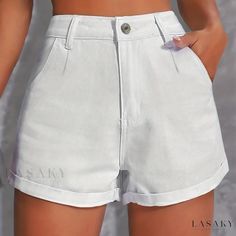 Lasaky - White High Waisted Button Front Denim Shorts with Rolled Hem - Classic and Stylish Womens Denim Jeans and Clothing Summer Care, Womens Denim, High Waisted Shorts Denim, Rolled Hem, Women Denim Jeans, Short En Jean, Clean Style, White Denim, Style Elegant