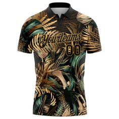 Custom Black Old Gold 3D Pattern Design Golden And Green Tropical Leaves In The Style Of Jungalow And Hawaii Performance Golf Polo Shirt Sublimation Print Polo Shirt For Sports Events, Black Team Spirit Polo Shirt For Golf, Black Sublimation Print Polo Shirt For Sports Events, Black Polo Shirt With Sublimation Print For Sports, Casual Green Polo Shirt With Sublimation Print, Green Casual Polo Shirt With Sublimation Print, Black Polo Shirt With Sublimation Print For Golf, Black Sublimation Print Polo Shirt For Golf, Sublimation Print Polo Shirt For Golf