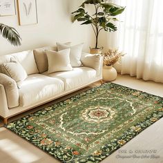 a living room with a couch, rug and potted plant