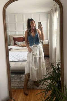 Summer Dress With Cowgirl Boots, Floaty Skirt Outfit, Boho Outfit With Cowboy Boots, Country Skirt Outfits Cowgirl, Cowgirl Core Outfit, Crochet Country Outfit, Coastal Cowgirl Style Outfits, Cottagecore Glam Outfit, Skirts And Cowboy Boots Outfit