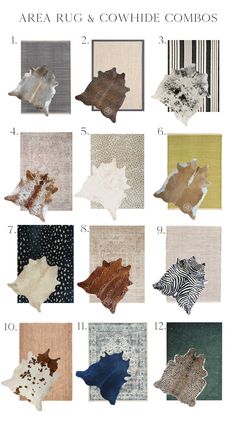 an array of different rugs and cowhide combs in various colors, sizes and shapes