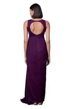 Purple crepe georgette padded draped gown with cutdana hand embellishments. - Aza Fashions Gowns Purple, Draped Gown, Drape Gowns, Gown For Women, Gown Pattern, Embellished Gown, Aza Fashion, Embellishments, Types Of Sleeves