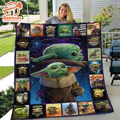 a woman is holding up a blanket with pictures of baby yoda and other characters