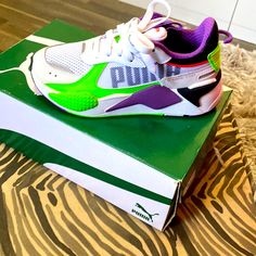 Puma Buzz Lightyear Collector Tennis Shoes, Size 4 1/2 Kids, Green, Purple, And White Shoes Size 4, Shoes Puma, Puma Shoes, Buzz Lightyear, Purple And White, Shoes Color, Tennis Shoes, The Collector, Green And Purple