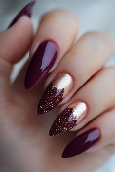 Deep plum with rose gold flecks nail design: Elevate your winter nails with this deep plum shade paired with rose gold flecks. Perfect for adding a touch of elegance to any occasion, this look screams sophistication. Check out more stunning designs at nailhow.com and let your nails steal the show! Don’t forget to save this pin for your next winter nails inspo 💅 December Nail Colors, Cute Layers, Silk Wrap Nails, Plum Nails, December Nails, Nail Prices, Rose Gold Nails, Winter Nail Designs, Winter Nail