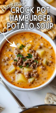 Searching for a comforting soup that everyone will love? This Creamy Hamburger Potato Soup Crockpot is hearty, cheesy, and perfect for chilly nights or busy weekdays. Pin this recipe for a stress-free dinner! #CreamyHamburgerPotatoSoup #CrockPotSoups #FamilyDinnerRecipes Creamy Hamburger Soup Crockpot, Cheesy Hamburger Soup Crockpot, Easy Hearty Crockpot Soup, Easy Crockpot Meals Soup, Cheap Dinners For A Family Crockpot Meal Ideas, Best Crock Pot Meals Dinners, Crock Pot Hearty Soups, Slow Cooker Hamburger Potato Soup, Country Crockpot Recipes