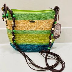 Very Cute !! Sun & Sand Green Straw Bag Beads Shoulder Strap. Perfect For A Vacation Or Just A New Summer Bag! Measurements: Height 9" Width 10" Depth 4" Strap 50" Green Beaded Shoulder Bag For Everyday Use, Casual Green Shoulder Bag, Green Beaded Bag For Summer, Summer Green Beaded Bag, Green Summer Shoulder Bag, Beaded Crossbody Bag For Summer, Green Shoulder Bag For Summer, Summer Green Shoulder Bag, Trendy Beaded Shoulder Bag For Beach