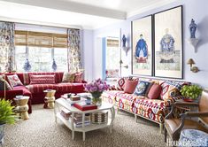 a living room filled with lots of colorful furniture