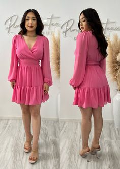 Solid nipped waist ruffle long sleeve dress 100% Polyester 100% Rayon Ruffle Long Sleeve Dress, Ruffle Long Sleeve, Dress 100, Long Sleeve Dress, Long Sleeve, Pink