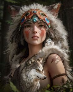 a woman with wolf makeup and headdress holding a wolf in the woods by her side