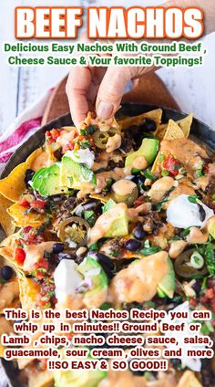 the recipe for beef nachos with ground beef, cheese sauce and avocado topping