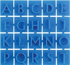 blue plastic alphabet letters and numbers are arranged in the shape of small rectangles