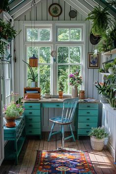 a room filled with lots of plants next to a window