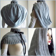 four pictures of a woman's shawl with black ribbon around the neck and back