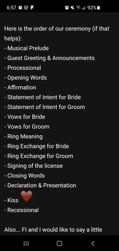 the wedding ceremony list is displayed in this screenshote image, with red hearts on it