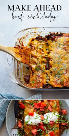 two pictures showing the steps to make ahead and best enchiladas