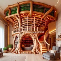 a living room filled with lots of furniture and bookshelves covered in wood carvings