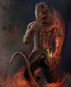 a digital painting of a man with fire on his body