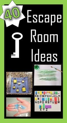 the words escape room ideas are shown in black and green with pictures of handmade items