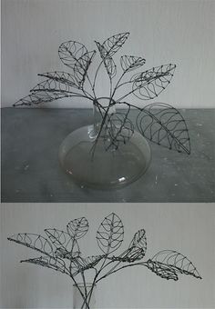 two pictures of leaves in a glass vase