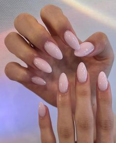 Cute One Colored Nails, Short Almond Acrylic Nails Neutral, Simple Soft Pink Nails, Pearly Pink Almond Nails, Dip Nails Natural Color, Light Colored Almond Nails, Soft Pink Nails With Design, Wide Almond Nails, Nails To Match Light Pink Dress