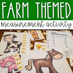 farm themed measurement activity for kids with pictures and words on the bottom, in front of them