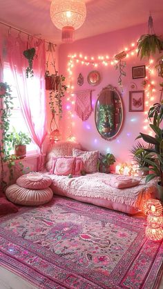 a living room filled with lots of plants and lights