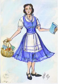 a drawing of a woman in a blue dress holding a book and a basket full of books