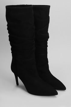 High heels boots in black suede, pointed toe, slip on, draped, leather sole, heel 90 mm, 100% suede, Made in Italy Pointed Toe Heeled Boots With Suede Lining, Chic Pointed Toe Heeled Boots With Suede Lining, Suede High Ankle Heeled Boots For Party, Chic Suede Mid-calf Boots With Pointed Toe, Elegant Pointed Toe Boots With Suede Lining, Elegant High Ankle Suede Boots, Suede High Ankle Evening Boots, Suede High Ankle Heeled Boots For Evening, Evening High Ankle Suede Heeled Boots